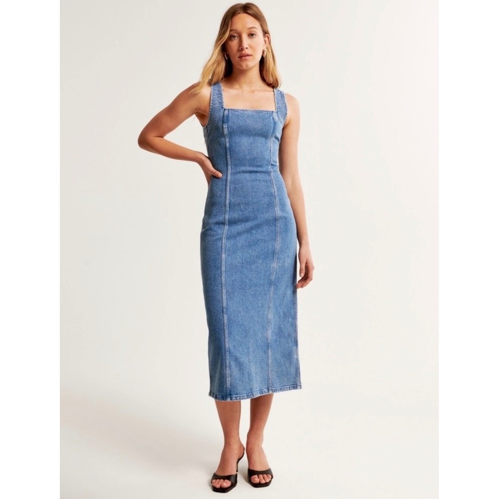 Abercrombie & Fitch Denim Square Neck Midi Dress Blue Fitted Womens XS